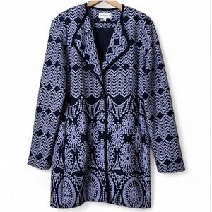 Peck & Peck Statement Knit Jacket Blazer Navy Blue Periwinkle Floral Boh…
